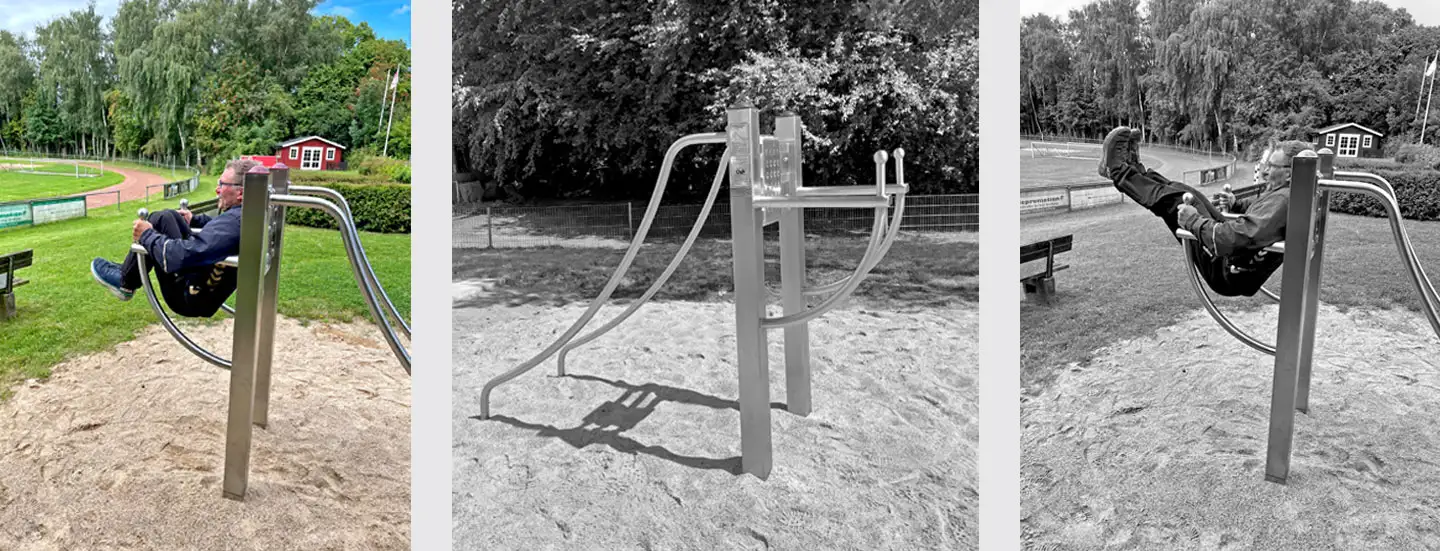 Beinheber-Liegestütz-Kombitrainer trainierender Mann, Fitnessgerät Beinheber-Liegestütz-Kombitrainer, trainierender Mann