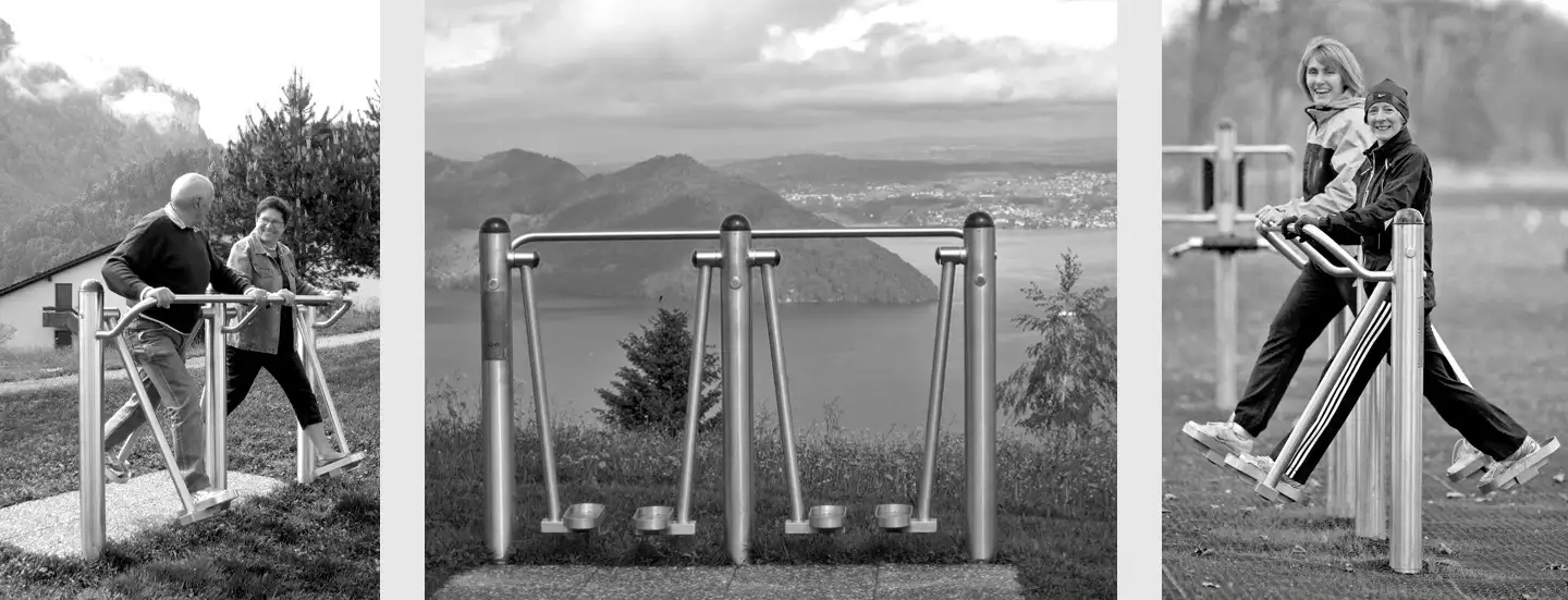 Fotocollage des Beintrainers, ein trainierendes Pärchen, Fitnessgerät, zwei trainierende Frauen