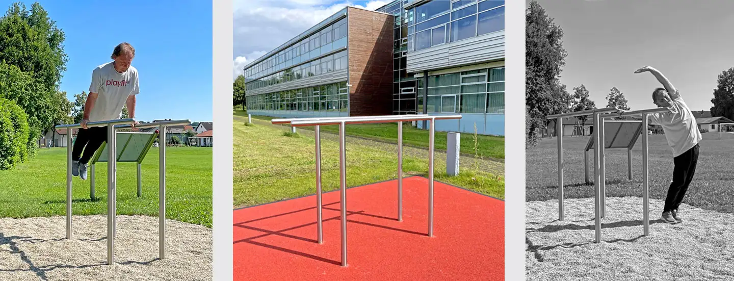 Outdoor-Trainingsgerät mit parallelen Stangen, Mann führt Dips und Dehnübungen durch.