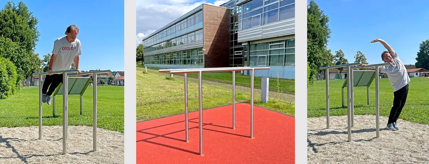 Outdoor-Trainingsgerät mit parallelen Stangen, Mann führt Dips und Dehnübungen durch.