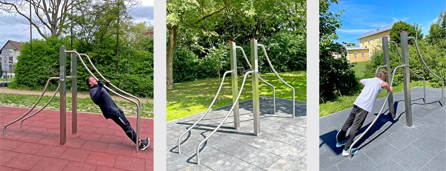 trainierender Mann, Fitnessgerät Oberkörpertrainer-Pressen, trainierende Frau