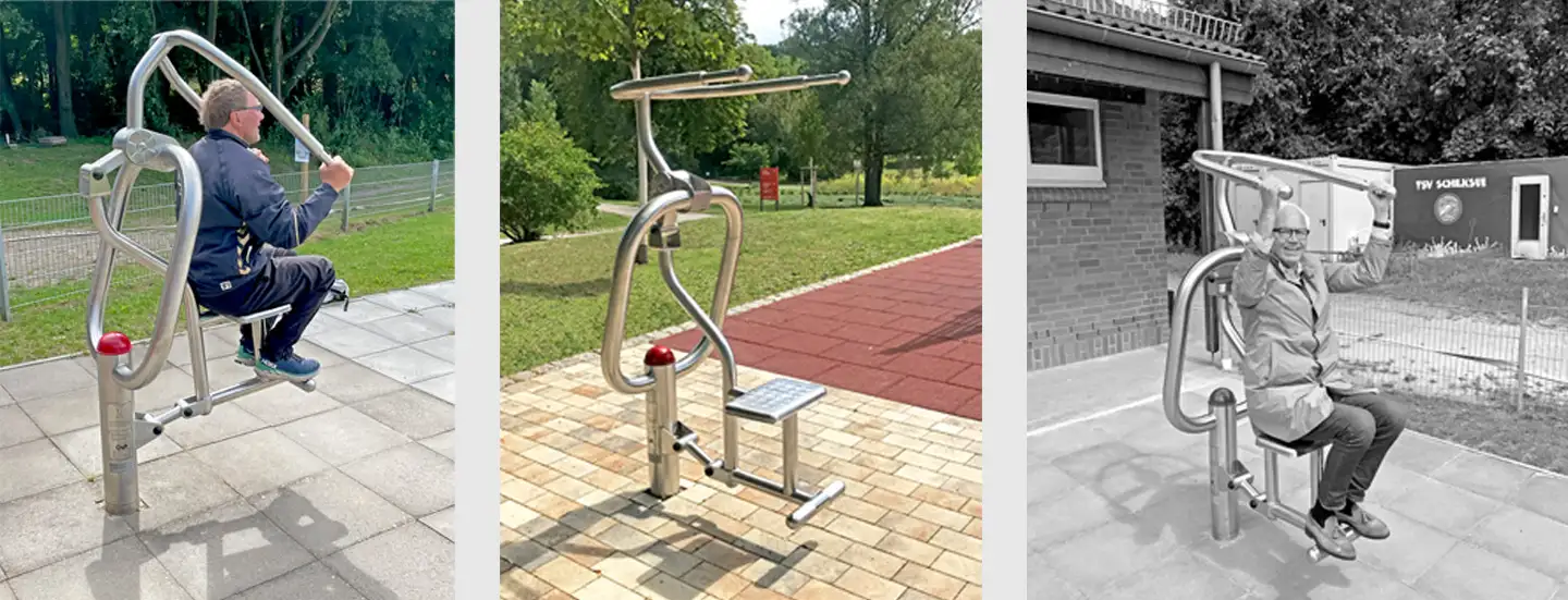 trainierender Mann, Fitnessgerät Oberköpertrainer Ziehen, trainierender Mann