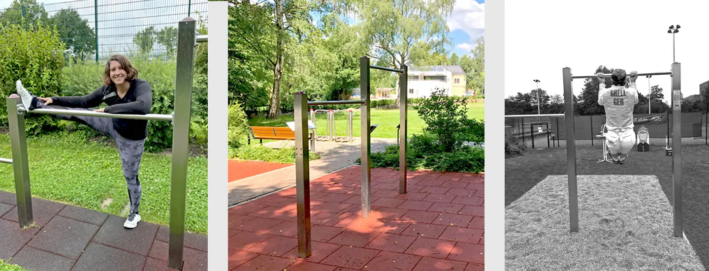 trainierende Frau, Fitnessgerät Reckstange, trainierender Mann