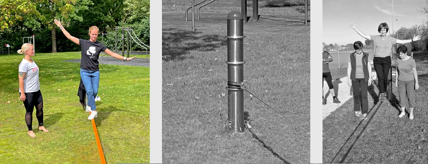 trainierende Frau, Fitnessgerät Slackline, trainierende Frau mit Unterstützern