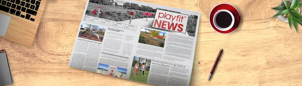 playfit news collage - you can see a newspaper, a coffee mug, a biro, a cactus, a corner of a laptop and a corner of a notepad. 