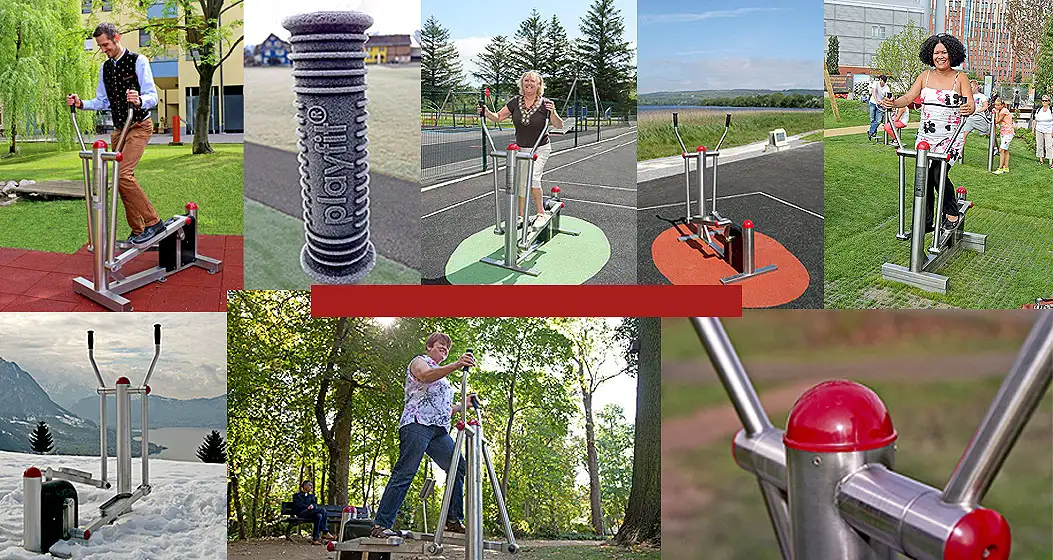 Fotocollage Ganzkörpertrainer Bunte Fotocollage mit Ausschnitten des Ganzkörpertrainers/ Elliptical, trainierenden Menschen die Übungen auf dem Ganzkörpertrainer ausführen