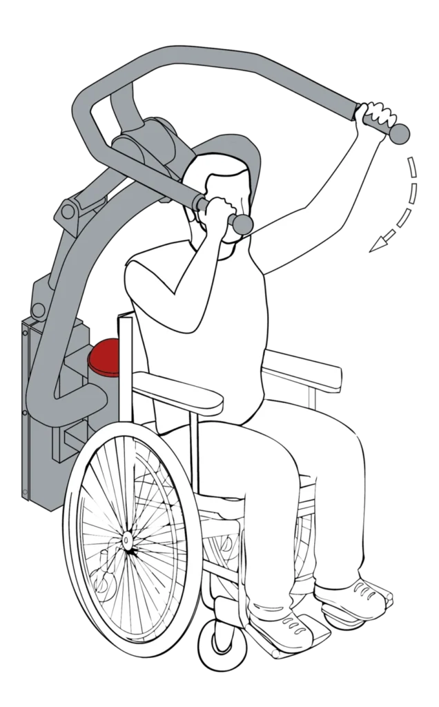 Piktogram Rollstuhltrainer - ziehen piktorgamm einer trainierenden person an einem rollstuhltrainer-ziehen outdoor fitnessgerät