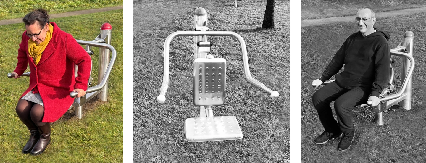 Ein trainierendes Pärchen, Fitnessgerät Beintrainer, zwei trainierende Frauen