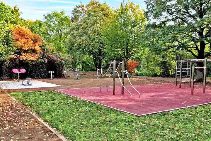 Calisthenics-Geräte im Park vor herbstlichen Bäumen, darunter parallele Stangen und Klettergerüste.