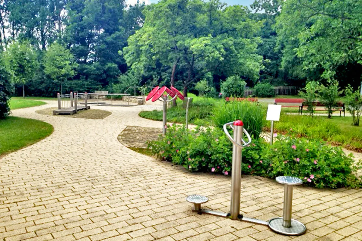 Fitnessgeräte im Freien, umgeben von grünen Bäumen, auf einem gepflasterten Weg in einem Park.